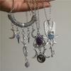 Retro Gothic Y2K Moon Purple Crystal Bead Pendant Sliver Color Chain Necklace for Women Charm Halloween Witch Jewelry Accessory