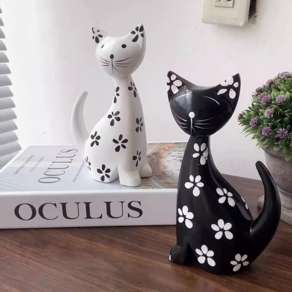 2pcs Modern Cat Statue Wooden Miniatures Figurine Desktop Ornament Animal Sculpture  Car