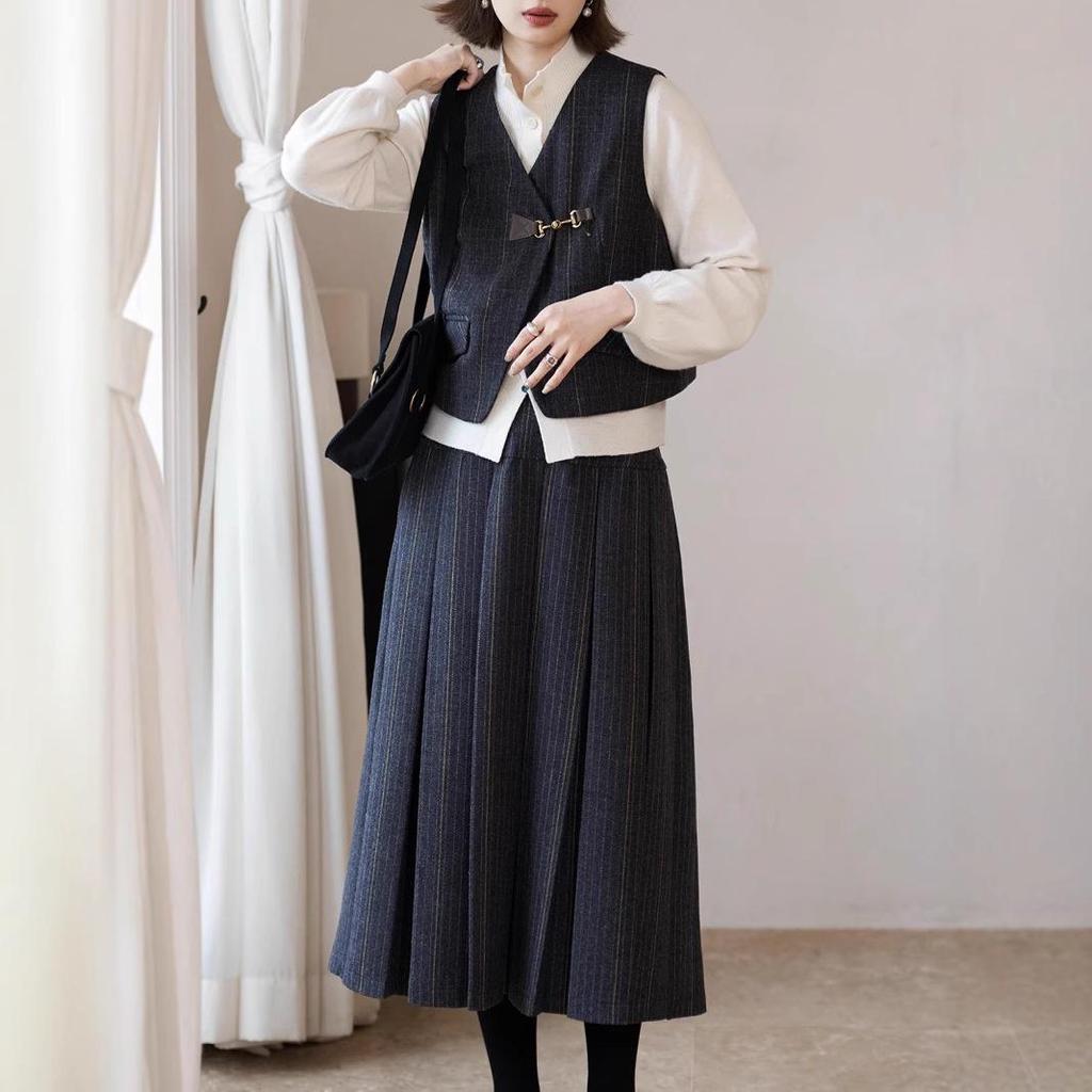 Ink Line Studio "Hogwarts" Retro Plaid Wool Suit & Vest Set with Pleated Skirt