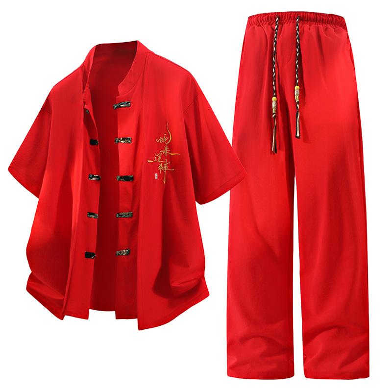 Chinese Style Suit Men's Summer Casual Short-sleeved T-shirt National Trend Men's New Chinese Style Tang Suit Hanfu Men's Two-piece Set