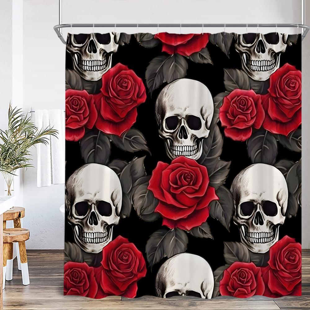 Schädel Halloween Duschvorhang Frohes Halloween Lustiges Skelett Rose Floral Badezimmer Dekor Polyesterstoff Duschvorhang Mit Haken