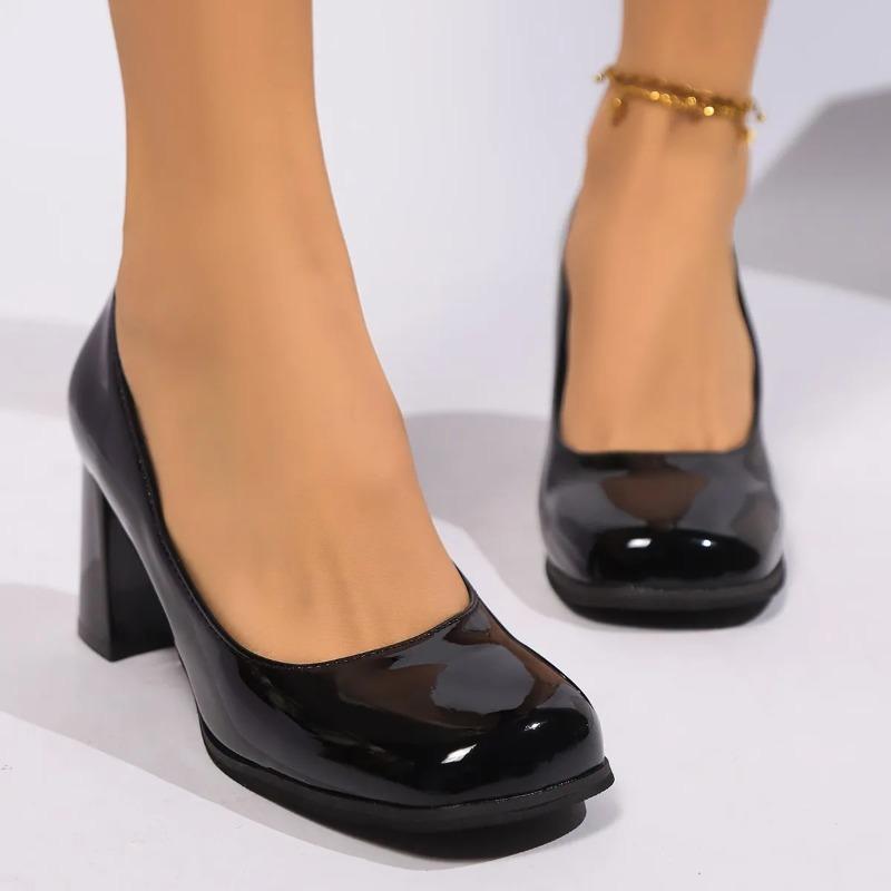 Fashion Escarpins En Cuir Verni Pour Femmes, Chaussures De Bureau Élégantes À Talons Hauts Noirs, Bouche Peu Profonde, Bout Carré,