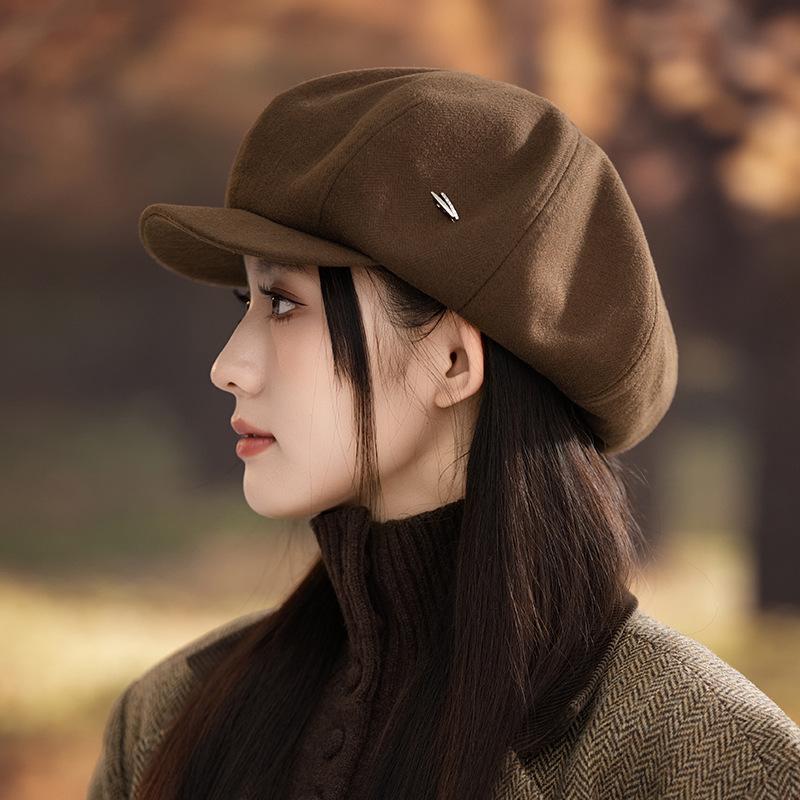 Hats for Women In Autumn and Winter British Retro Windproof Warm Beret Outdoor Casual Painter Hat Big Head Circumference Octagonal Hat New