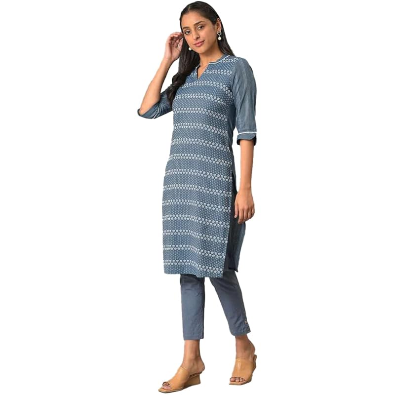 Aurelia Women s Cotton Solid Regular Blue Floral Printed Straight Kurta (23FEA13935-703844 L синий