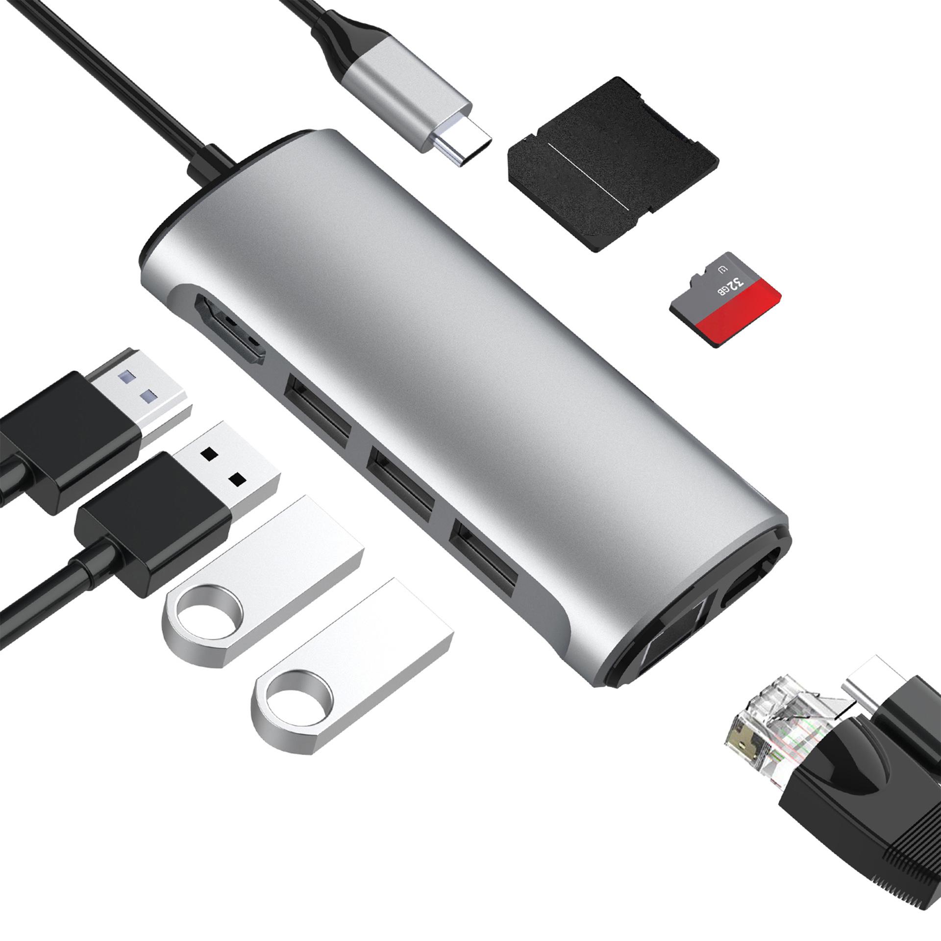 

FX-1926B 8 in 1 Type-C Hub Dongle with HDMI 4K@60Hz/RJ45 Ethernet/100W Power Delivery/SD/TF Card Reader As Shown A