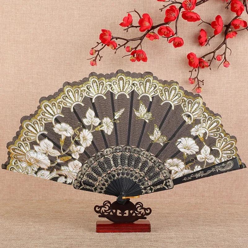1Pc Chinese Ancient Style Flower Women Folding Fan with Tassel Fringe Hanfu Cheongsam Dance Fan Photo Props Summer Handheld Fan