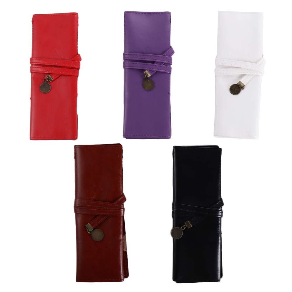 Girls PU Leather Retro Stationery Cosmetic Bag Roll Pen Bag Roll Pencil Bags Vintage Pencil Case