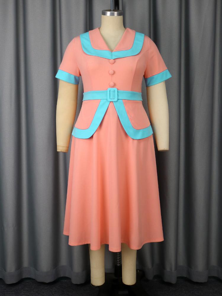 

AOMEI Розовые женские длинные платья пэчворк отложной воротник короткие рукава завышенная талия миди А-силуэт платье 3XL розовый