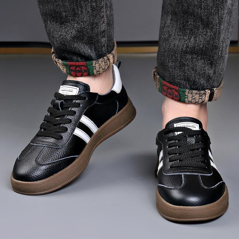 New Men Genuine Leather Casual Shoes Street Cool Striped Flat Skate Shoes Young Man Sneaker