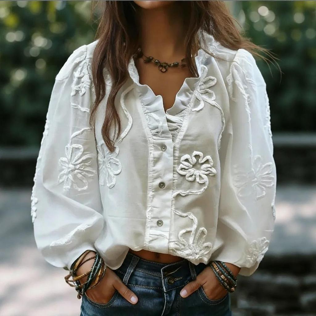 European & American V-neck Ruffle Puff Sleeve Women's Embroidered Casual Holiday Top