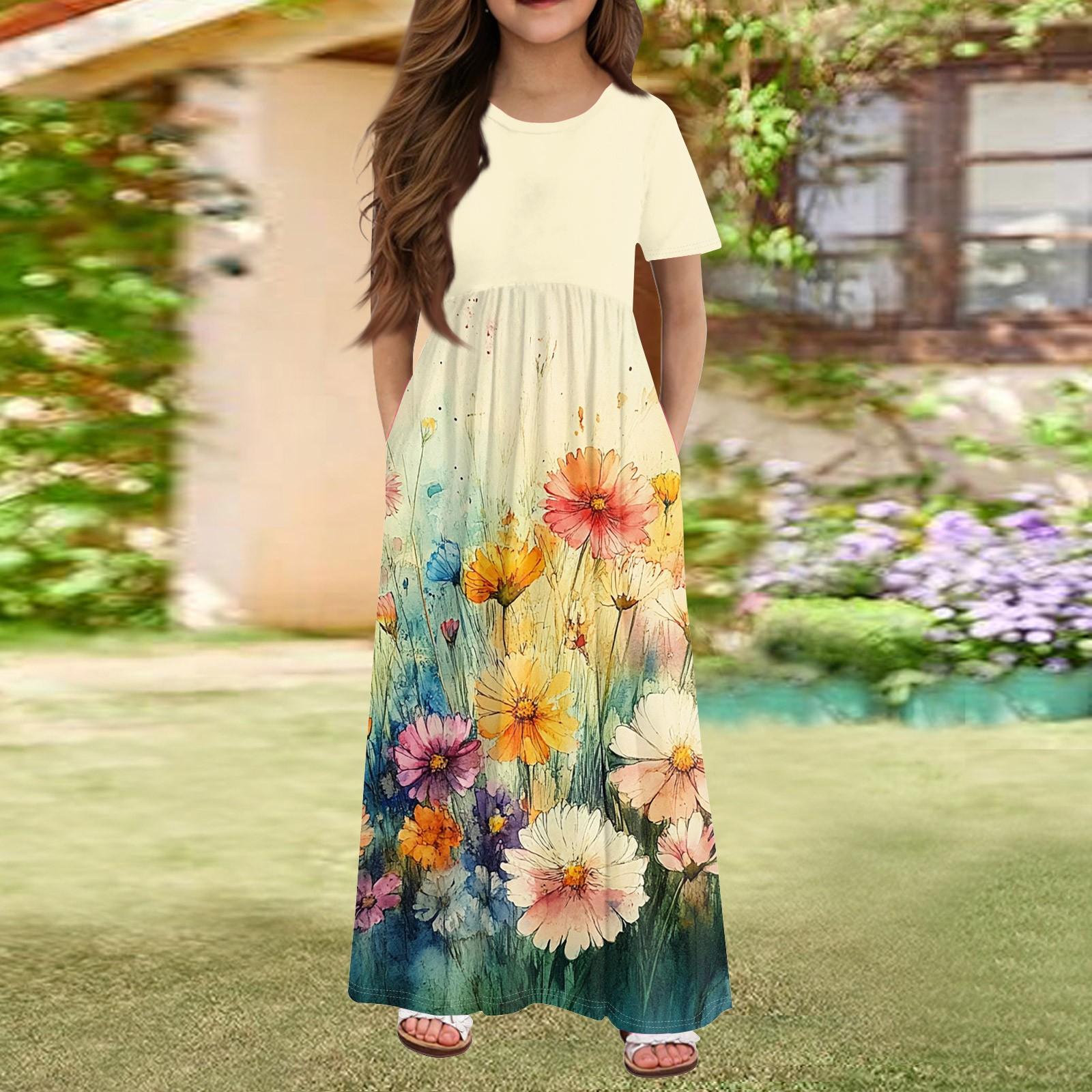 

Длинное летнее платье для девочек - платье макси с короткими рукавами и карманами для детей 4-14 лет 160 жёлтый