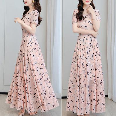 Women's Summer Chiffon Flowy Maxi Dress Casual A-line Short Sleeve Crew Neck Long Dress Floral Boho Beach Sundress