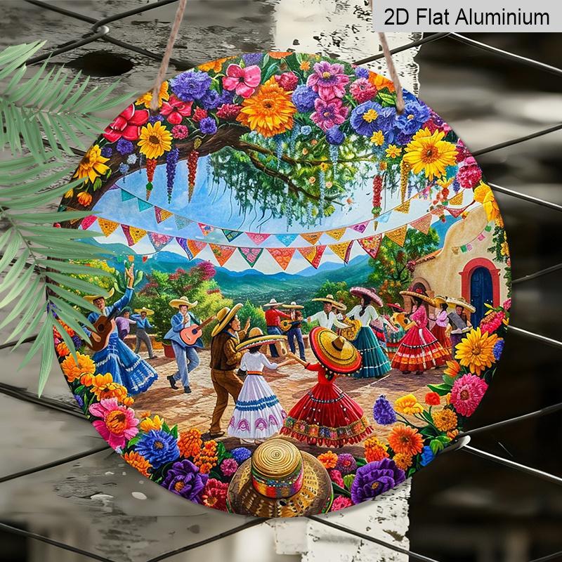 2D Flat, 1pc Round Cinco De Mayo Aluminum Hanging Sign, Colorful Mexican Fiesta Dancing Folk Flower Sombrero Design, Vibrant Metal Wall Decor