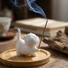 Creative Desktop Incense Holder with Ceramic Cat Figurine and Round Bamboo Tray for Home Office Decorative Use