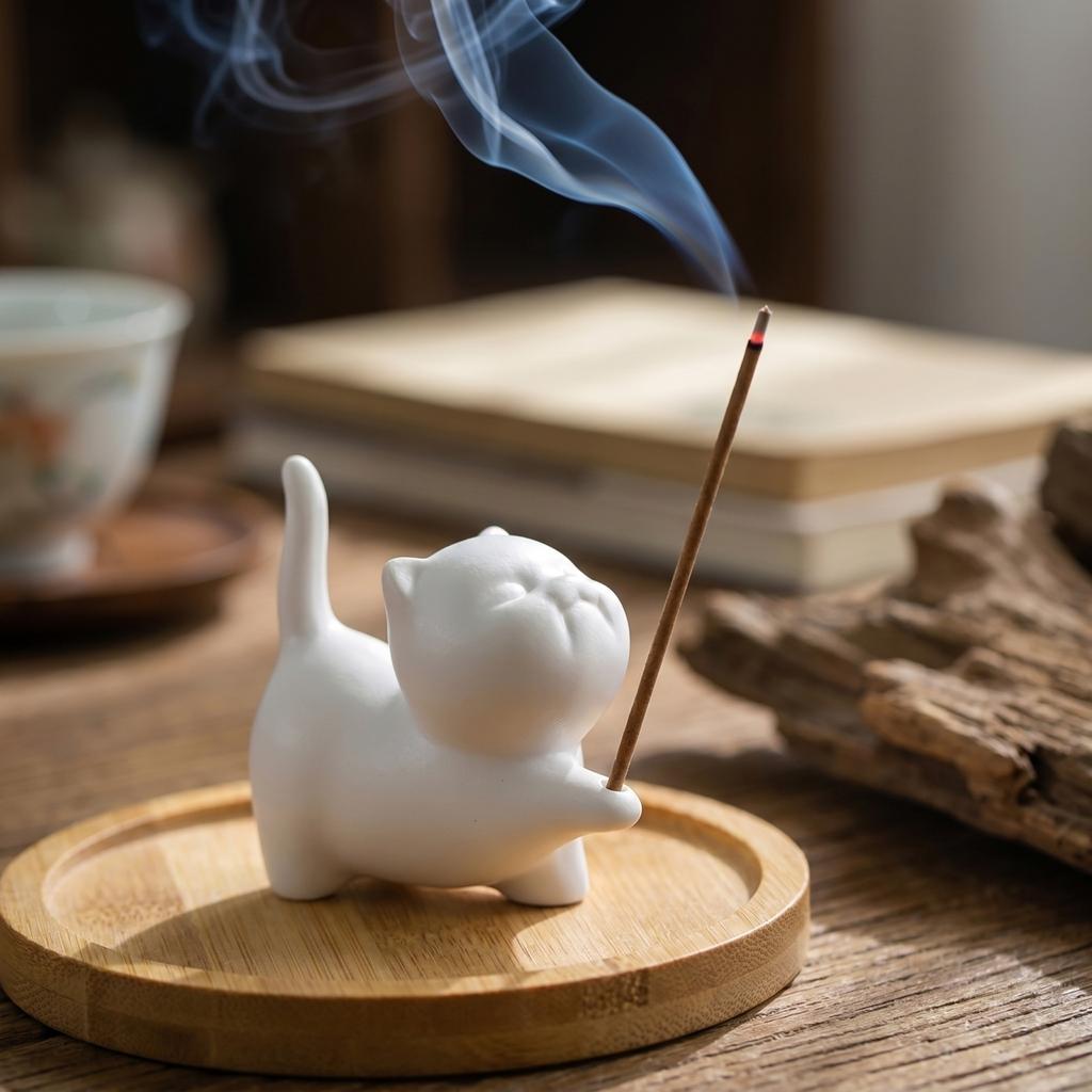 Creative Desktop Incense Holder with Ceramic Cat Figurine and Round Bamboo Tray for Home Office Decorative Use