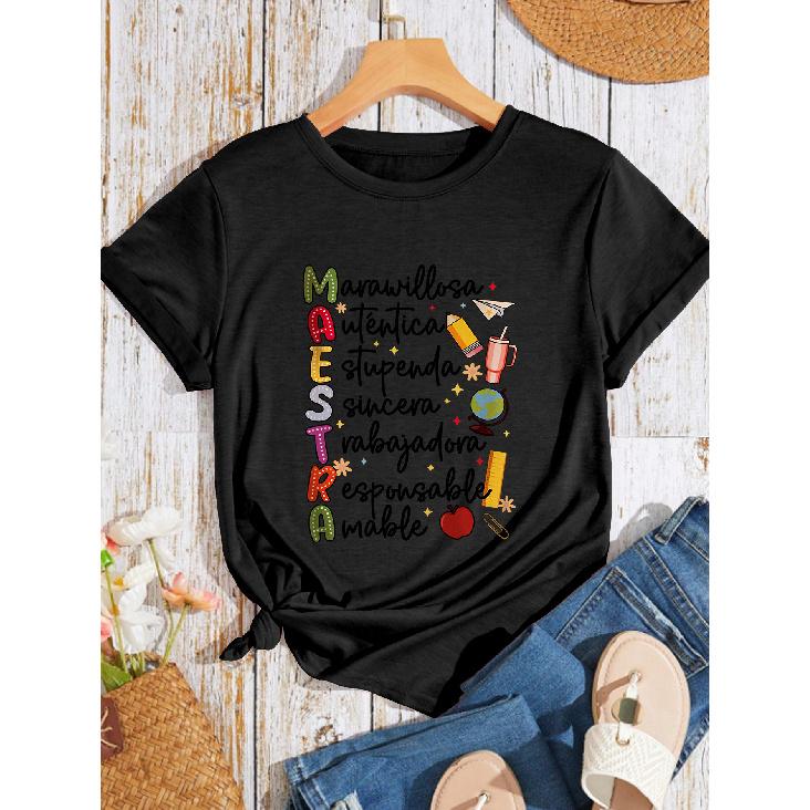 Minimalist and Unique Summer Women's Fashion New Arrivals Maestra Teacher's fun word print top, round neck, everyday casual fashion, vintage