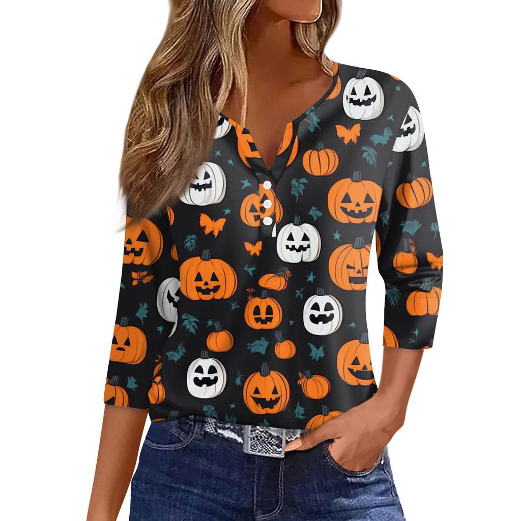 Dámské tričko Halloween potisk knoflík 3/4 rukáv tunika denní víkendová móda základní V-výstřih běžný top