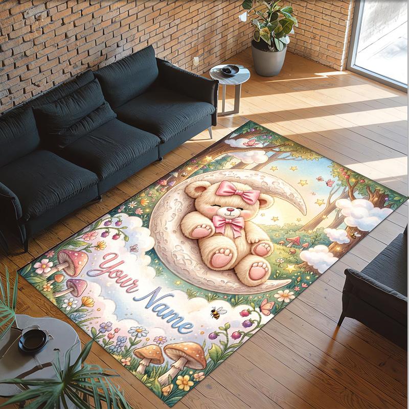 Teddy Bear Theme Crystal Velvet Rug Personalized Custom Name Text Soft Floor Mat Home Decor