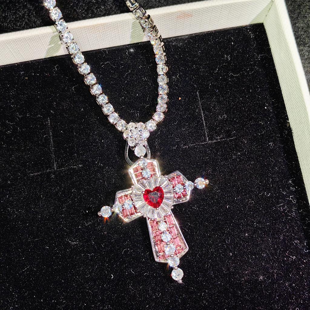 Heavy Industry Beauty Girl Love Gem Cross Pendant Necklace Light Luxury Micro Setting Temperament Magic Wand Diamond Collarbone Chain