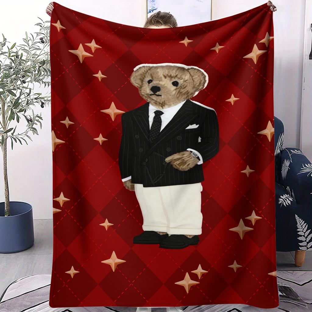 Festliche Vintage POLO Bär Print Fleece-Kuscheldecke für Erwachsene Qualität Super Weich Warm Universelle Decke für Reisen Büro Zuhause