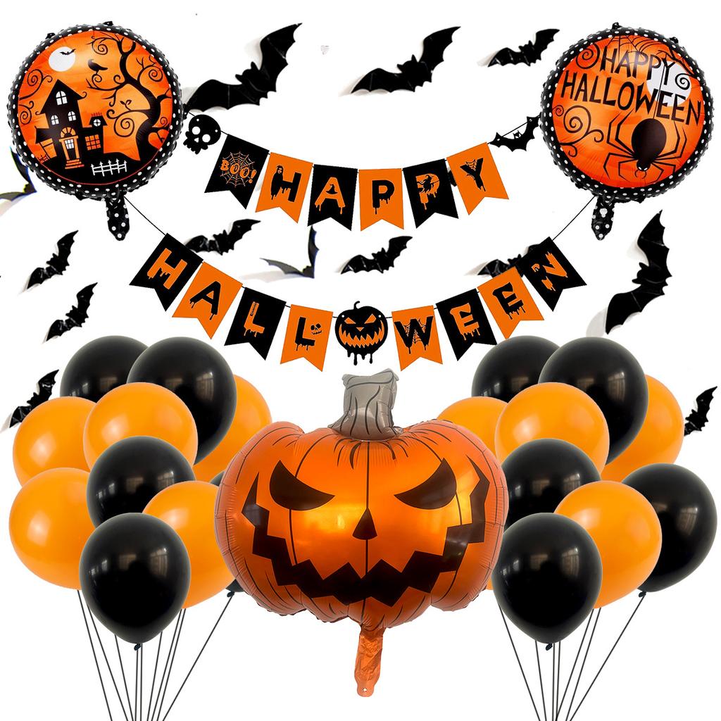 Halloween Pumpkin Aluminum Film Balloon Set Skull Bat Wall Sticker Flag Atmosphere Decoration