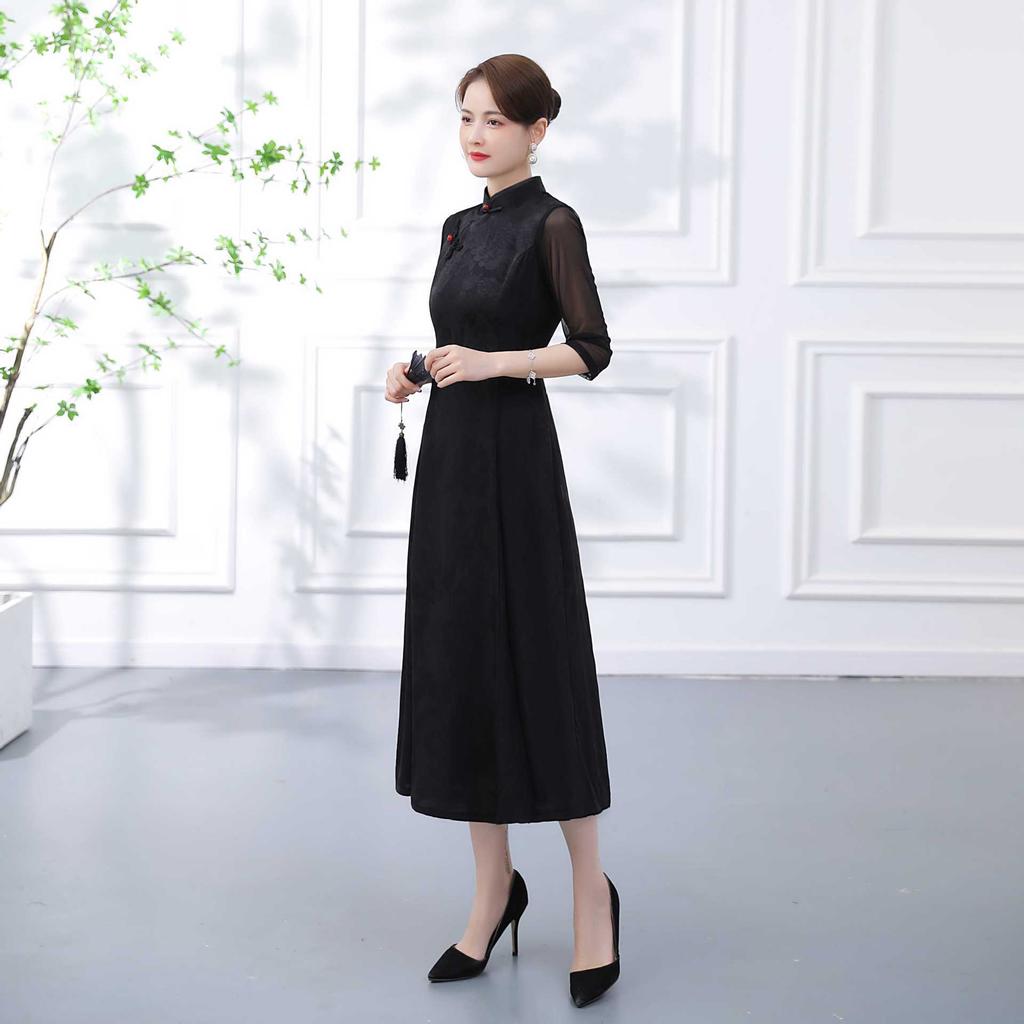 Black Aodai national style new Chinese long-sleeved cheongsam improved young women's high-end retro dress spring and summer