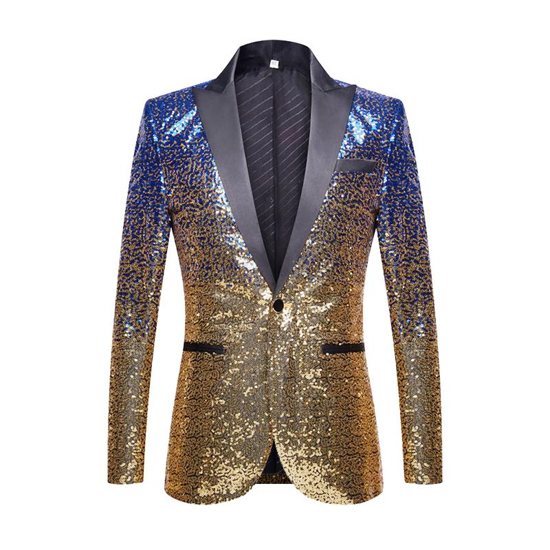 PYJTRL Mens Fashion Gradual Change Color Shiny Sequin Suit Jacket Closure Collar Blazer