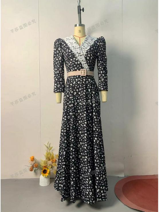 2024 Autumn Women's Korean Style Polka Dot Color Block Elegant Long Dress