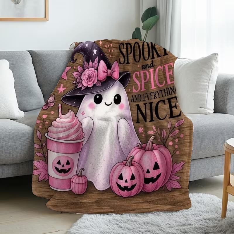 Pink Ghost Pumpkin Halloween Throw Blanket, Witch Hat Coffee Cup Wooden Background Print Soft Warm Sofa Bed Holiday Blanket