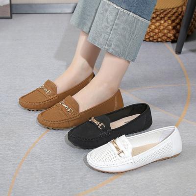 Fashion Metal Buckle Autumn New Solid Color Breathable Light Mouth Round Head Large Size Women's Single Shoes