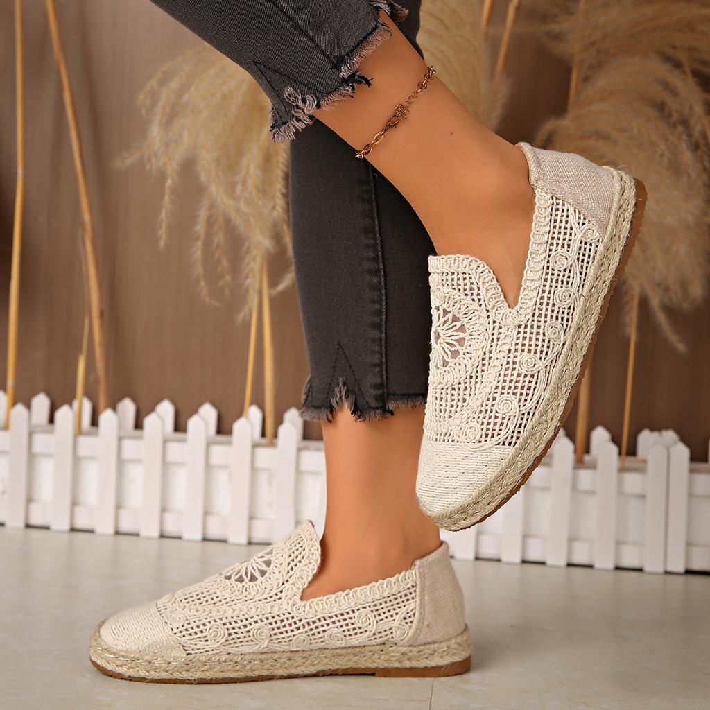 Modemarken Design Häkelspitze Espadrilles Damen Elegant Flach Leinen Netz Slipper Damen Sommer Atmungsaktive Fischer Mokassins Schuhe