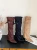 Pointed Pants Boots Women's Belt Buckle Slope Heel Knight Boots Winter Suede But Knee Boots