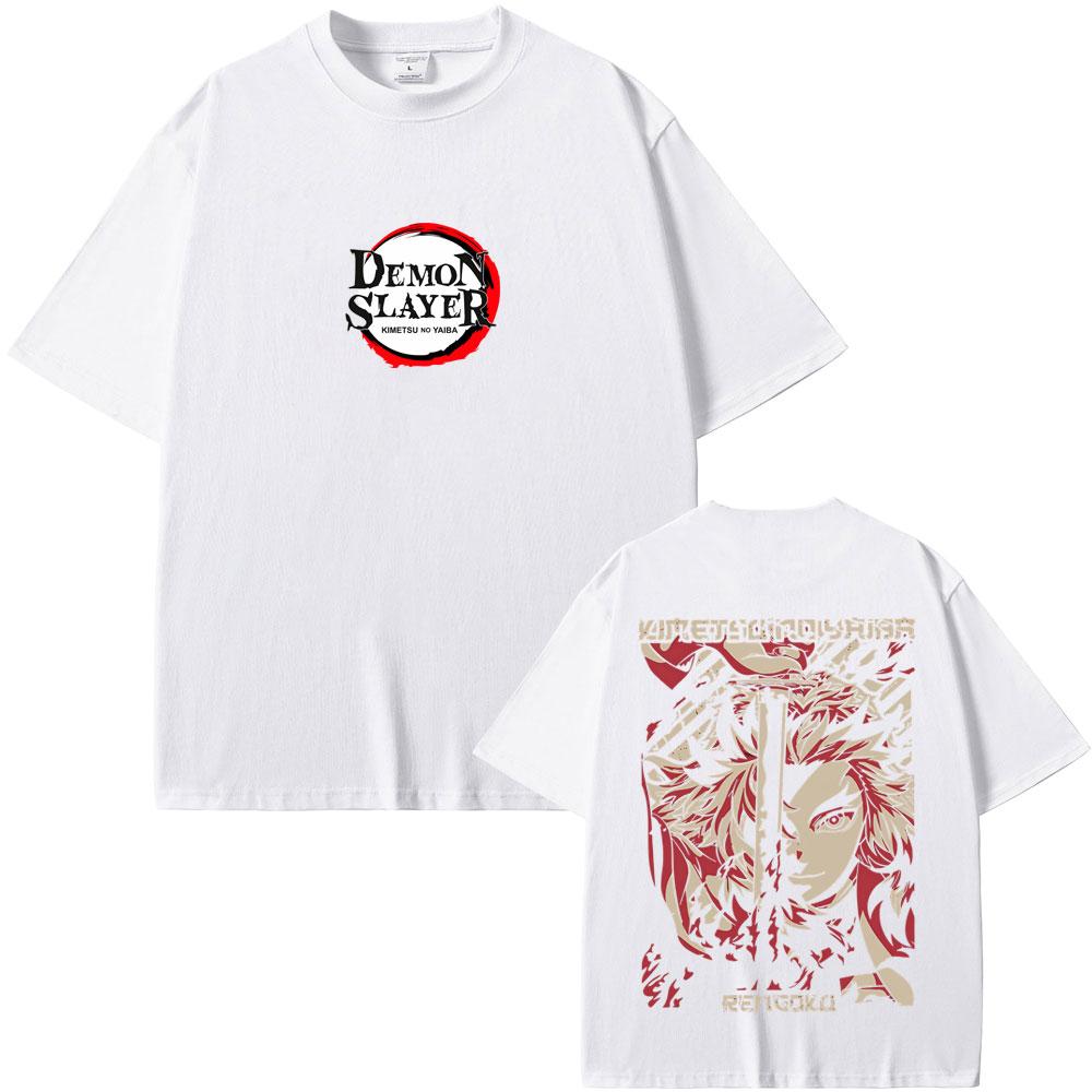 Anime Demon Slayer Rengoku Kyoujurou Double Sided Print T-shirt Summer Men Women Casual Oversized Tshirt Male Vintage T Shirts