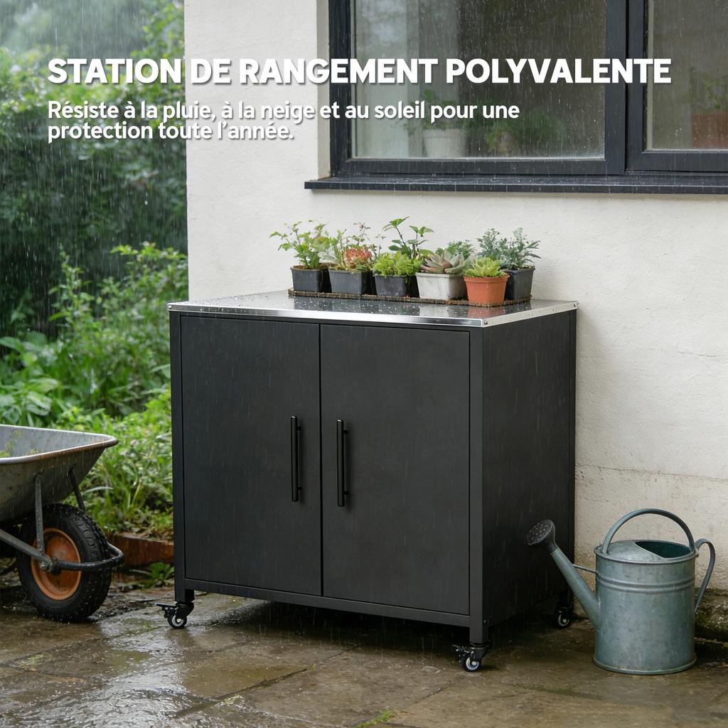 Metal Garden Shed, Stainless Steel Roof, Wheels, Black