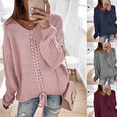 Loose Autumn and Winter Women Long Sleeve Ribbed Knitted Sweater Round Neck Casual Solid Color Pullover