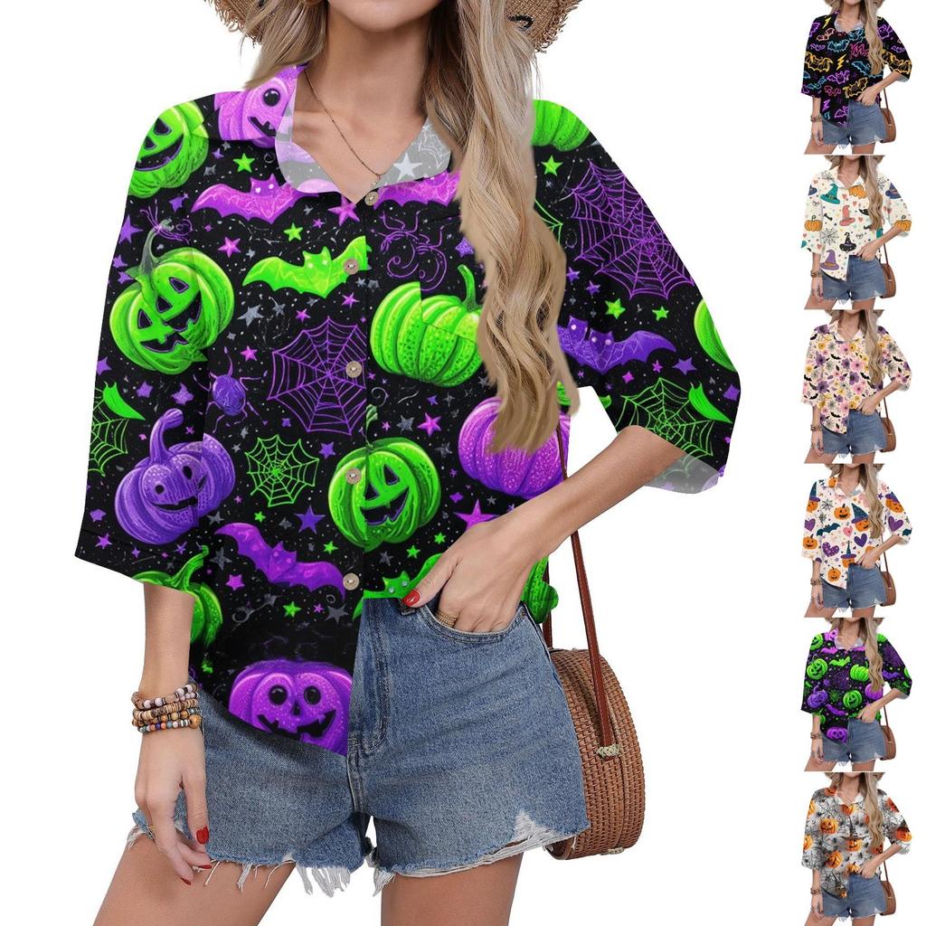 Women's Casual Printing Button-down Shirt Three-quarter Sleeve Dress Shirt Lapel Work Shirt With Pockets