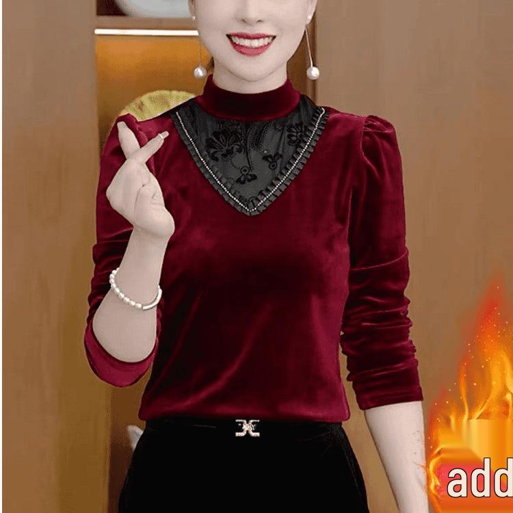 

Velvet Half-High Collar Warm Long Sleeve Top for Women 3XL (130-140 jin) вина червоного кольору