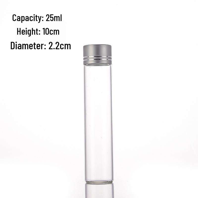 Cordyceps Chinese Medicine Storage Bottle - High Borosilicate Glass with Silver Aluminum Cap, 22mm Diameter, Threaded, Empty for Dispensing
