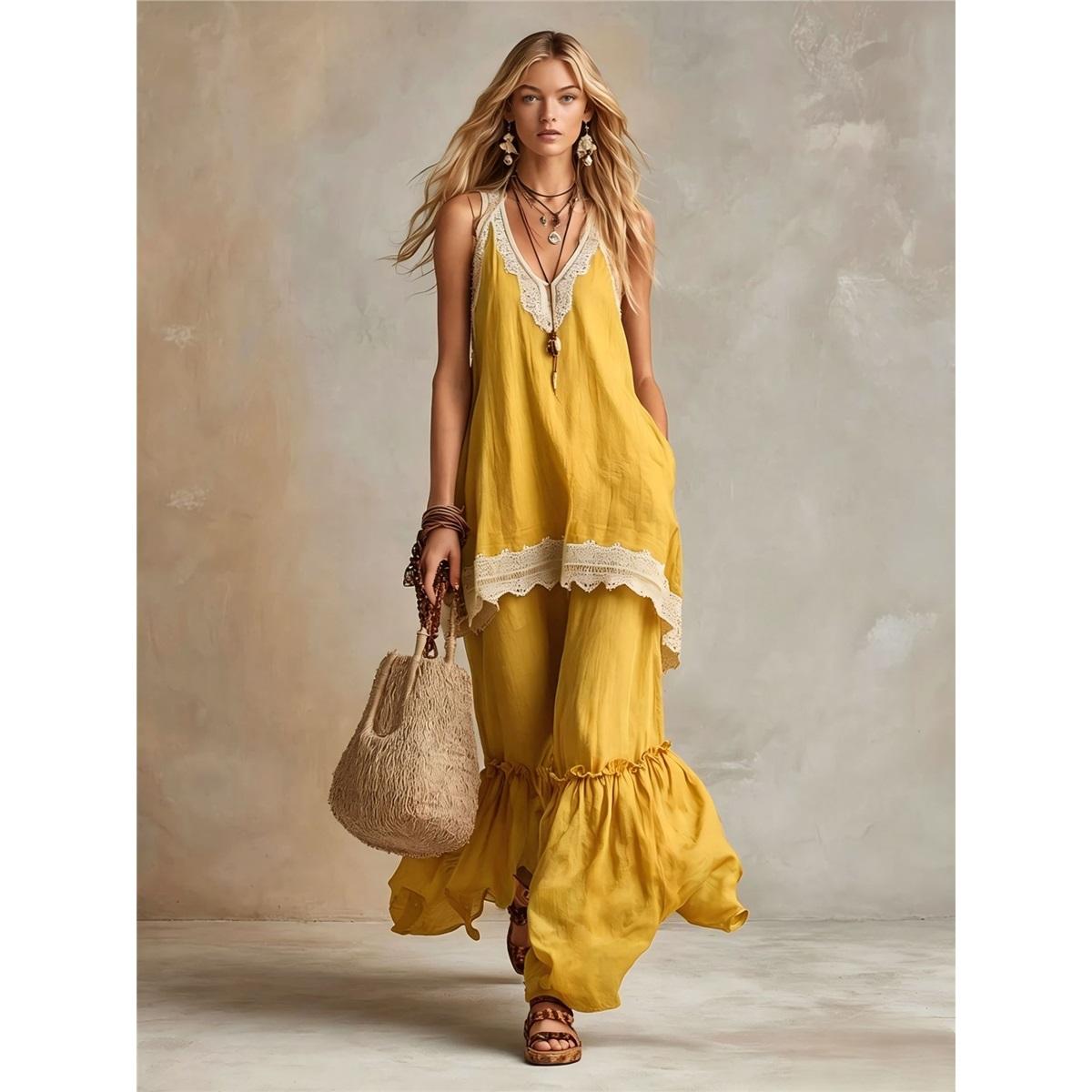 Dames Boho 2-delige Outfit V-hals Mouwloze Top Ruches Wijde Pijpen Broek Set Losse Casual Vakantie Dames Twee Delig Pak XXXL brown