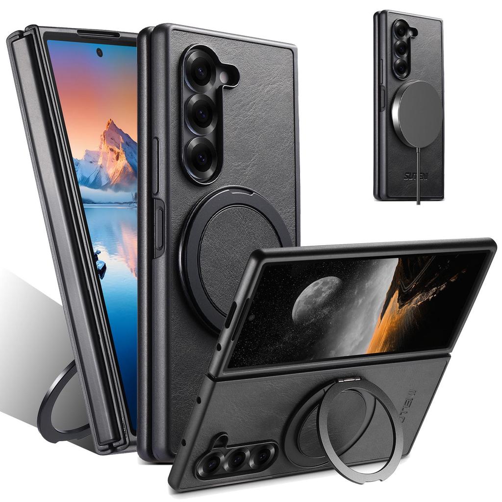 Samsung Z Fold7/6/5 Leather Case with Magnetic Wireless Charging, 360° Rotating Ring Stand