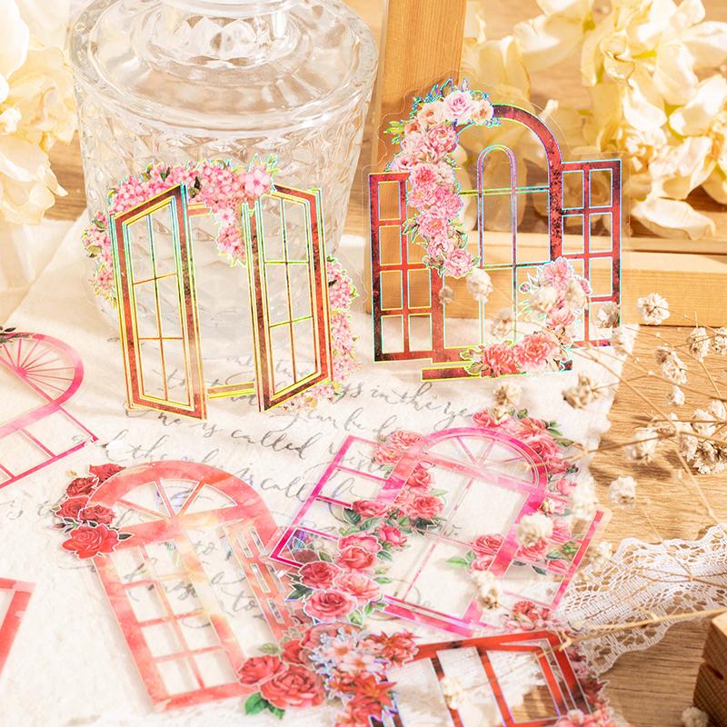 Journamm 10pcs/pack Flowers Window Stickers Laser Silver Decor Junk Journal DIY Srapbooking Aesthetics Stationery PET Stickers