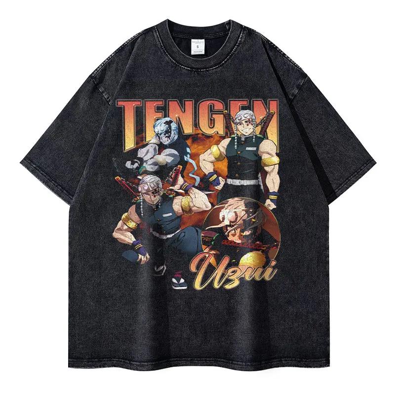 Heißer Verkauf Japan Anime Demon Slayer Nezuko Manga Vintage Gewaschen Kimetsu No Yaiba Grafikdruck T-Shirt Herren Damen Oversized Kurzarm Sommer Neues T-Shirt