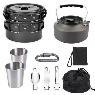 11 Pieces Camping Cookware for 2, Lightweight Outdoor Pot Kettle with , Fork, Spoon,