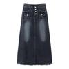 Women's 2024 Vintage High-Waist A-Line Denim Skirt, Raw Edge, Loose Fit, Large Sizes