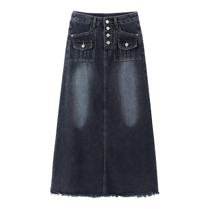 Women's 2024 Vintage High-Waist A-Line Denim Skirt, Raw Edge, Loose Fit, Large Sizes