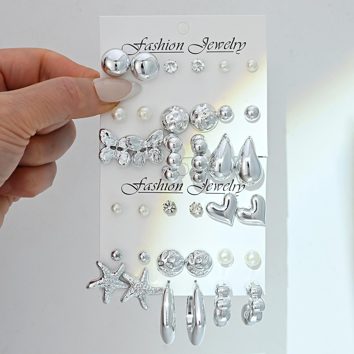 36 Pcs Silver Plated Earring Set Starfish Drop Heart Butterfly Pearl Crystal Stud Hoop Earrings Women Boho Trendy Jewelry Gifts Silver