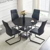 [Ensemble de 4] Table à manger ronde de 107 cm avec double étagère + 4 chaises de salle à manger à motif losanges noirs, MDF + métal, style industriel pour les foyers européens.