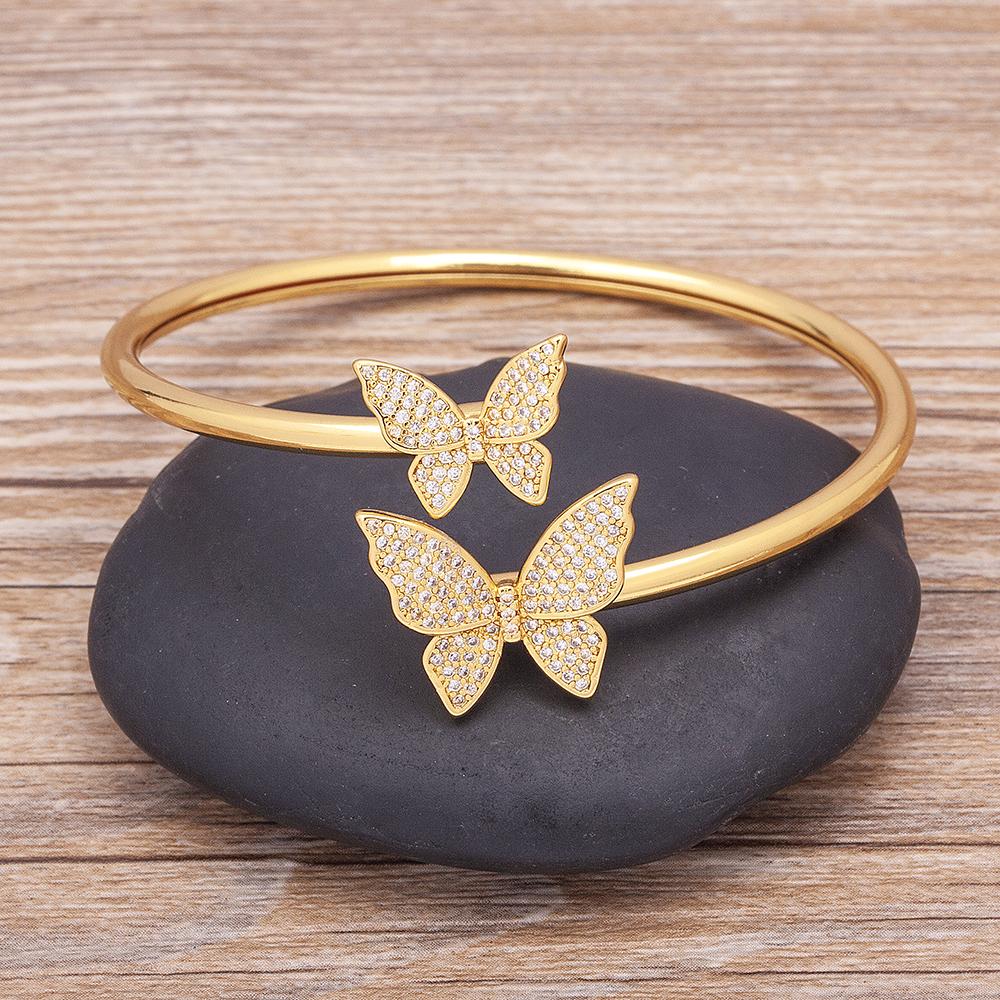 Hot Sale European American New Exaggerated Fashion Butterfly Copper Cubic Zirconia Gold Plated Adjustable Open Bangles Gift