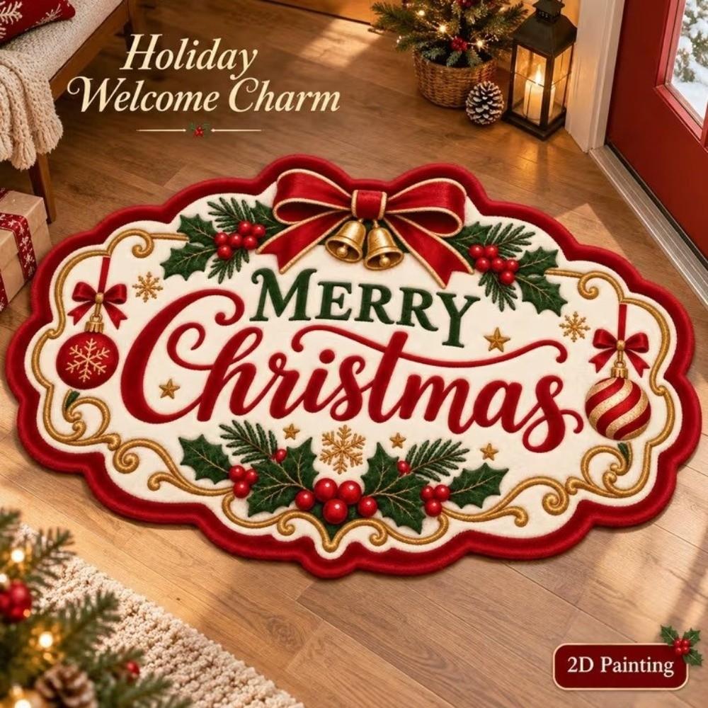 Non-Slip Reindeer Print Rug Imitation Cashmere Entryway Mat Christmas Irregular Rug Christmas