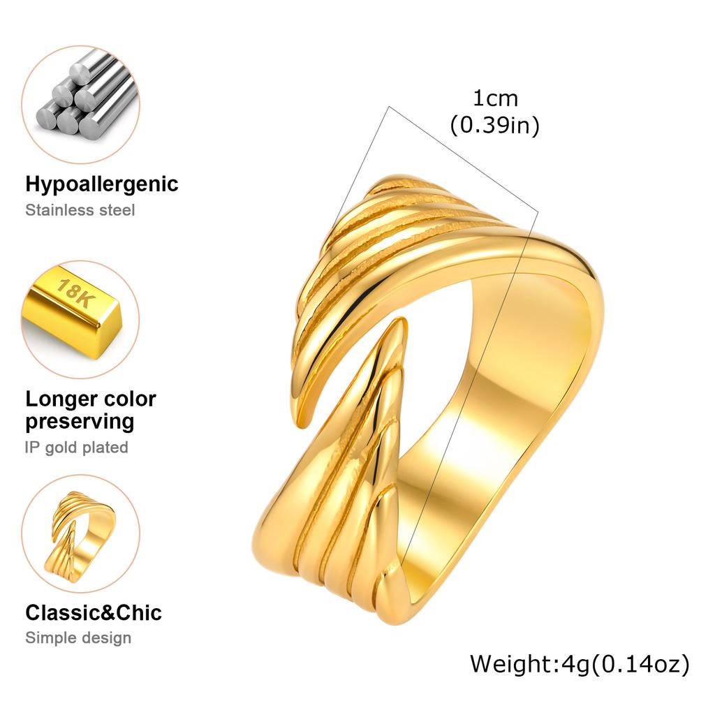 Adjustable Angel Wings Ring for Women, 18K Gold Plated Stainless Steel Wrap Bypass Band, Waterproof Jewelry